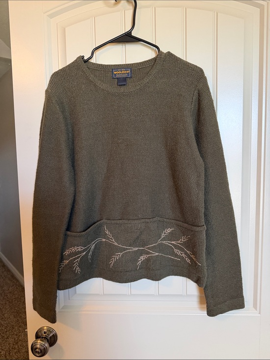 Woolrich Sweaters - Vintage Woolrich Olive Green Knit Sweater with Embroidered Front Pocket Detail